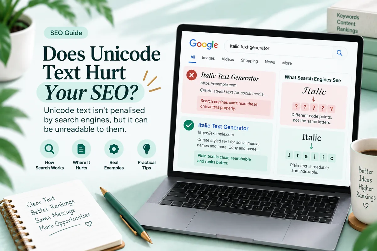 Does Unicode text hurt SEO, shown as a plain indexed heading beside the same words in unreadable converted characters