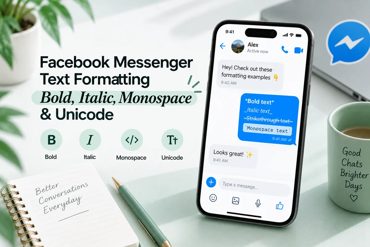 Facebook Messenger text formatting shortcuts for bold, italic and monospace beside the rendered message bubble