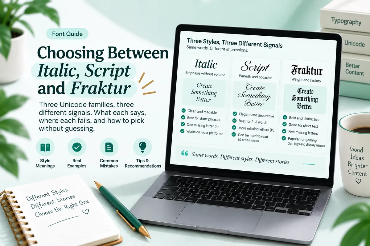Italic vs script vs fraktur, the same phrase shown in all three Unicode styles for comparison