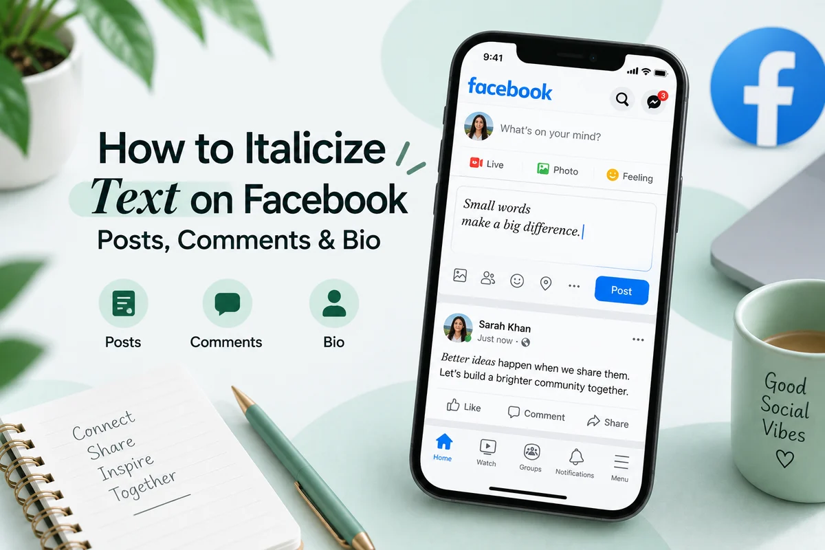 Plain Facebook post text above the same sentence converted to italic text on Facebook using Unicode characters