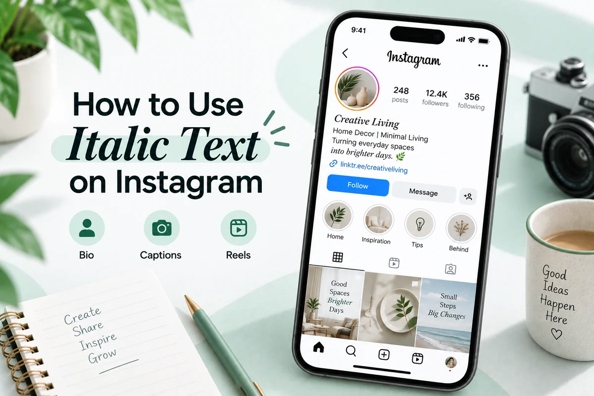 Italic text for an Instagram bio shown as a plain keyword line above a short Unicode italic phrase