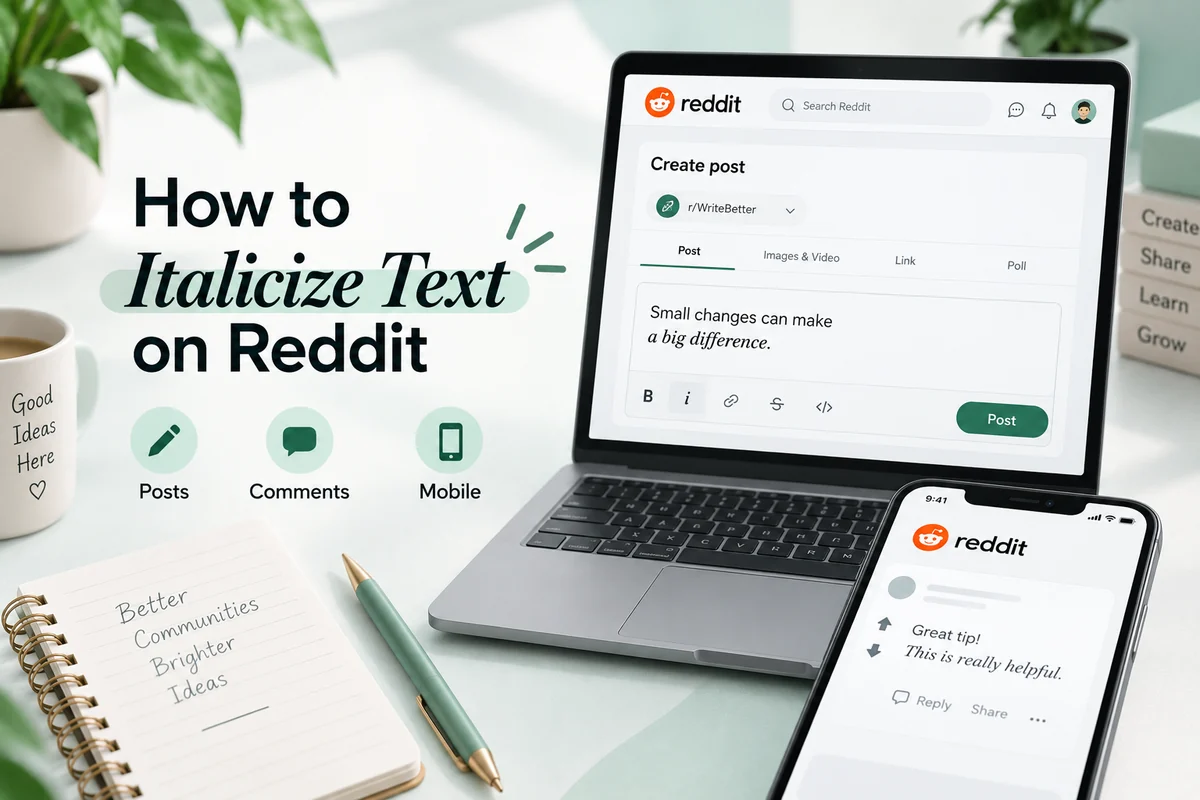 Reddit Markdown italics syntax with asterisks beside the rendered italic comment and a Unicode styled alternative