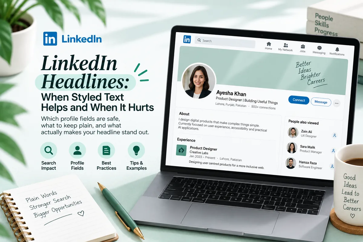 Styled text in a LinkedIn headline compared with the same job title kept in plain searchable characters