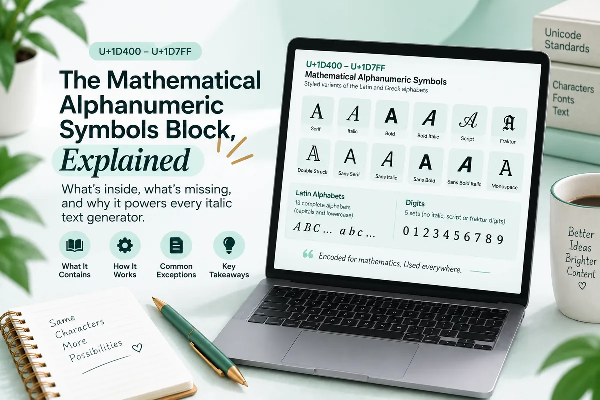 The Mathematical Alphanumeric Symbols block shown as styled Unicode alphabets with their code point ranges