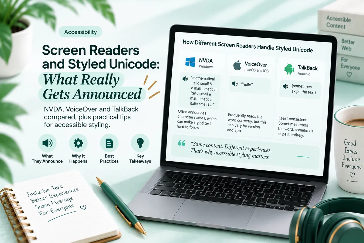 Screen readers and Unicode fonts, showing a styled phrase alongside the character names a reader may announce instead of words