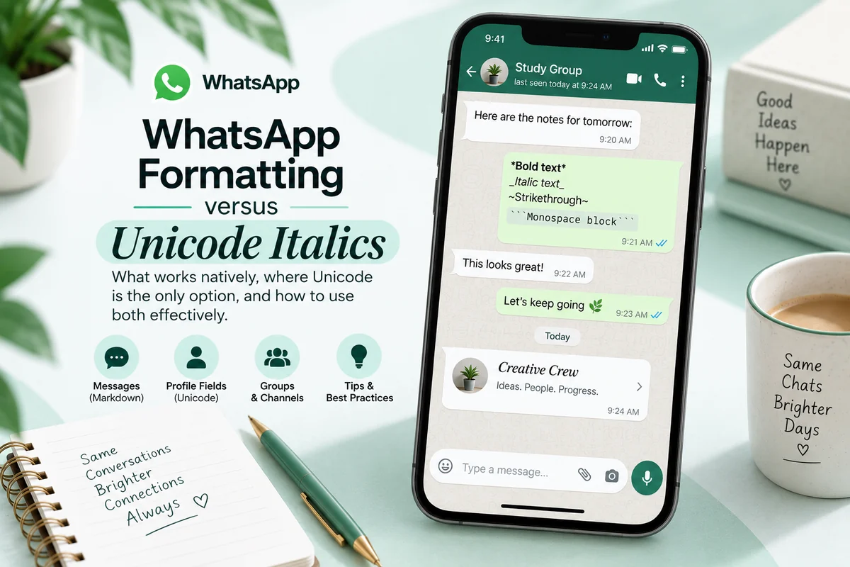 How to italicize on WhatsApp shown as native underscore formatting in a chat bubble beside a Unicode italic group name