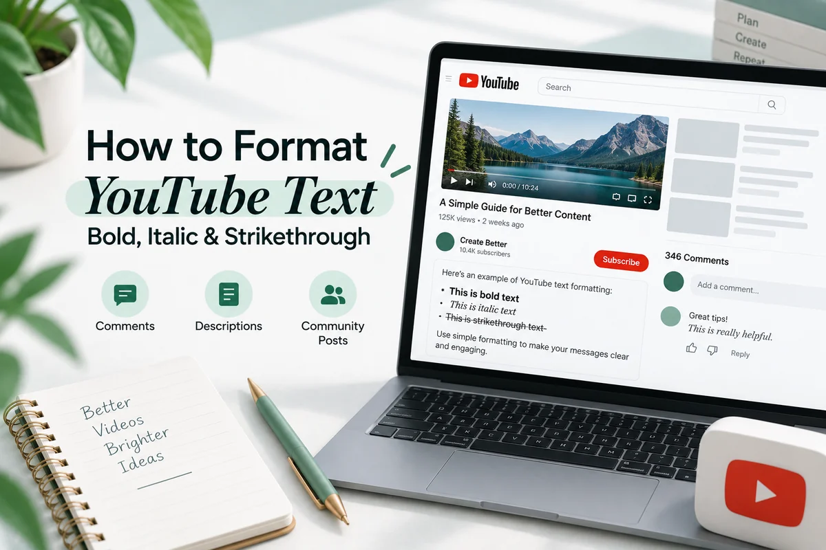 YouTube text formatting syntax showing how to italicize YouTube comments with underscores next to the rendered italic result